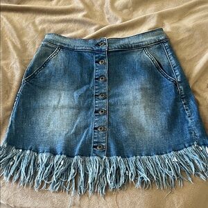 Sneak Peek Button-Front Denim Skirt with Fringe - Blue